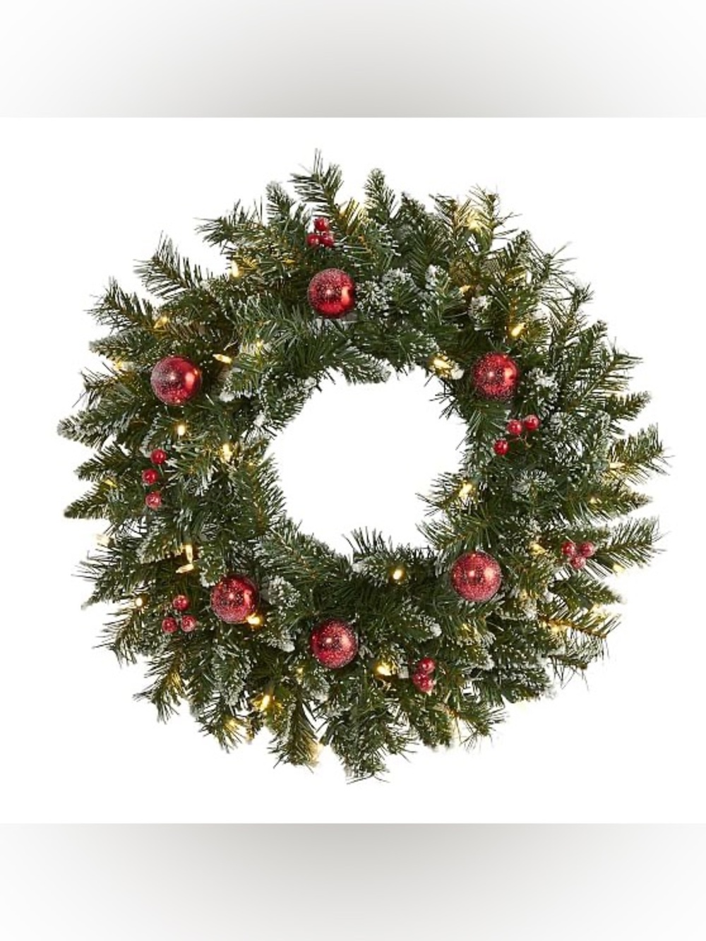 New West Elm Lit Frosted Faux Wreath with Berries & Glass Ornaments, 24”, 50 LED